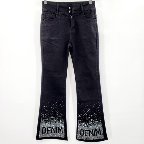 MH New Jeans Black Silver Rhinestone Embellished Flare Leg Jeans Women's Size 31 - Picture 1 of 7